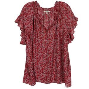 NWOT MAX STUDIO Blouse 2X Floral Red Ruched Flounce Trim V Neck Short Sleeve